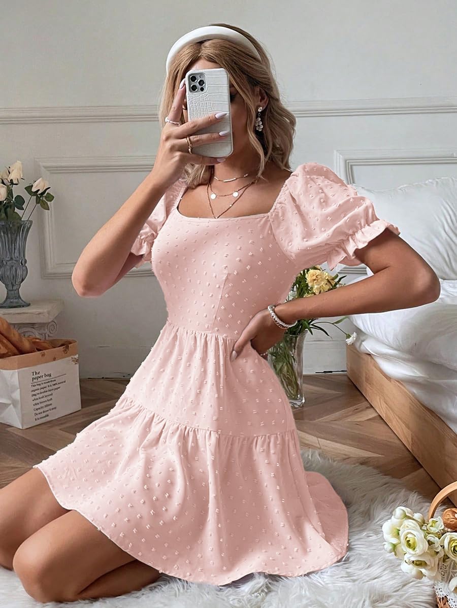 Narecte Summer Dresses for Women 2026,Tie Backless Swiss Dot Mini Dress,Ruffle Hem Flowy Casual Dresses