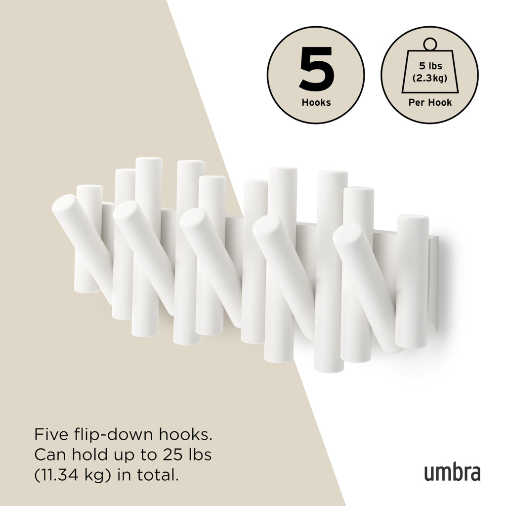 Umbra Picket Wall-Mounted Coat Rack Rail Hook with 5 Retractable Wood Pegs – Modern, Space-Saving Storage Organizer, Black