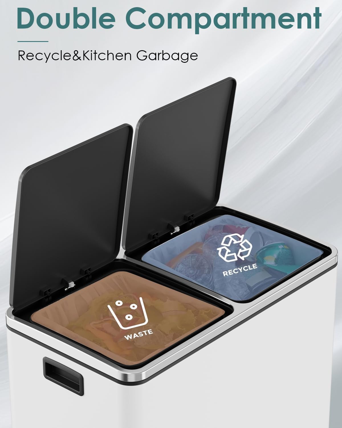 Arlopu Dual Trash Can, 2 x 8 Gallon (2 x 30 L) Hands-Free Trash and Recycle Bin Combo, Stainless Steel Kitchen Garbage Can with Soft-Close Lid, Removable Inner Buckets, Step Pedal, Airtight (Black)