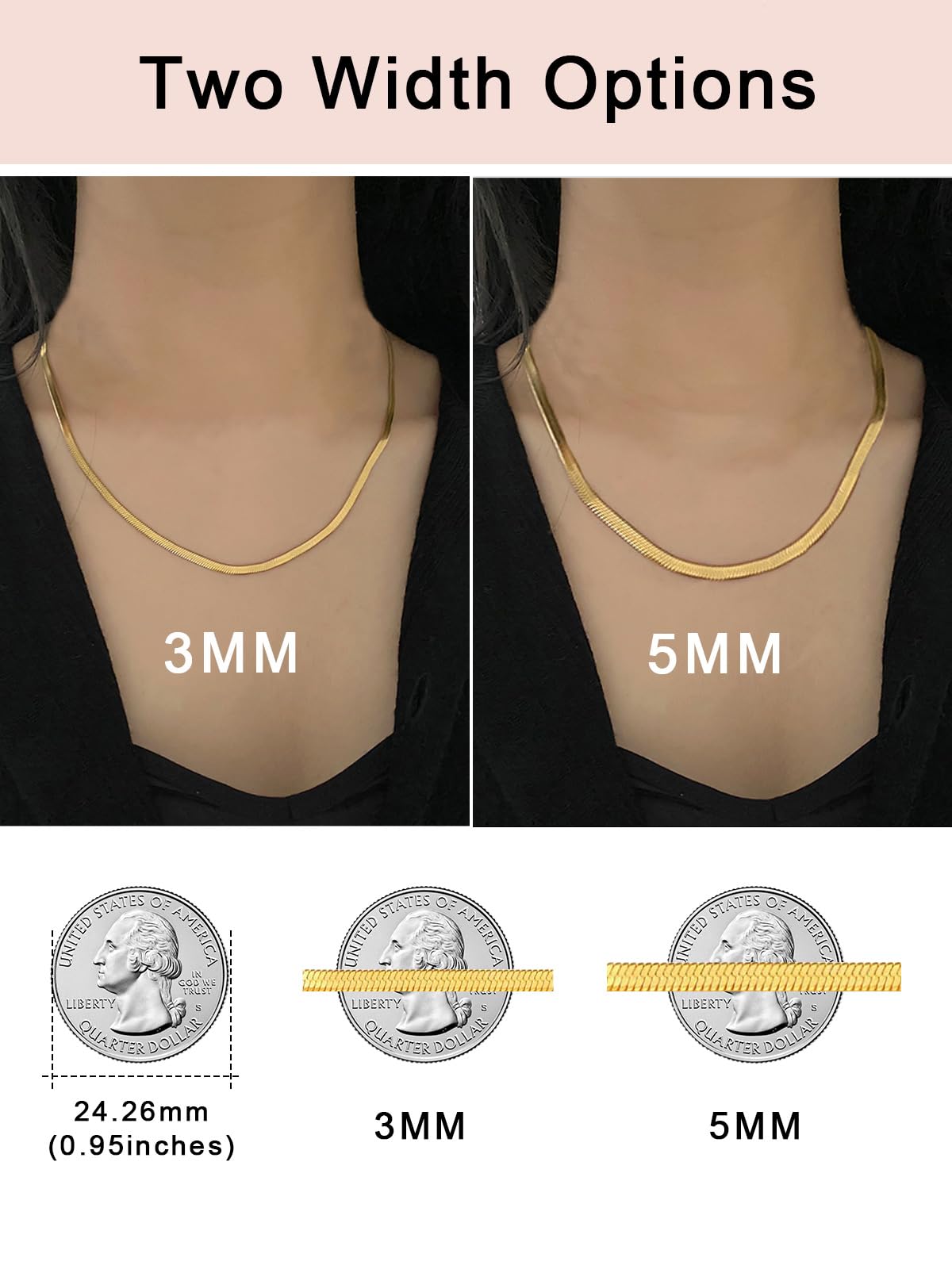 FOCALOOK 14K Gold Plated Necklaces for Women, Fashion Herringbone Choker Necklace Stainless Steel Flat Snake Chain 3/5MM(W) 12.5"/15"/18"+3.5"(L)