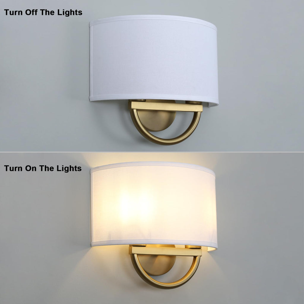 Yosoan White Fabric Cloth Boho Aged Brass Gold Wall Sconce Stairwell Fixture Light, 2-Light Dual Indoor Hardwired Vanity Vintage Wall Mount Lamp Antique Metal Base Semicircle Shade Lamp for Hallway