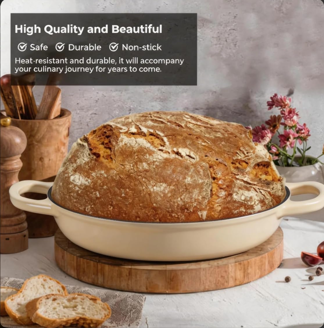 Cast Iron Bread Oven for Sourdough, 6Qt Bread Baking Pan with Lid, Enameled Sourdough Dutch Oven for Bread Baking, Oven Safe up to 482℉, Green