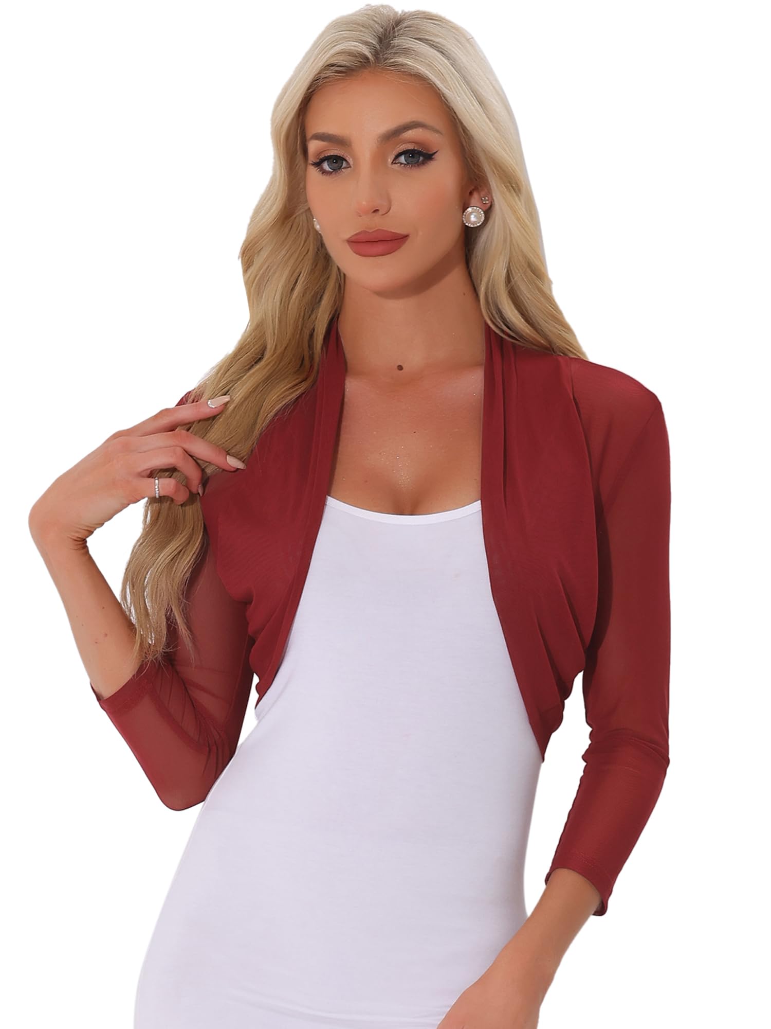 Allegra K Women's 3/4 Sleeve Sheer Mesh Shrug Open Front Cropped Bolero Cardigan
