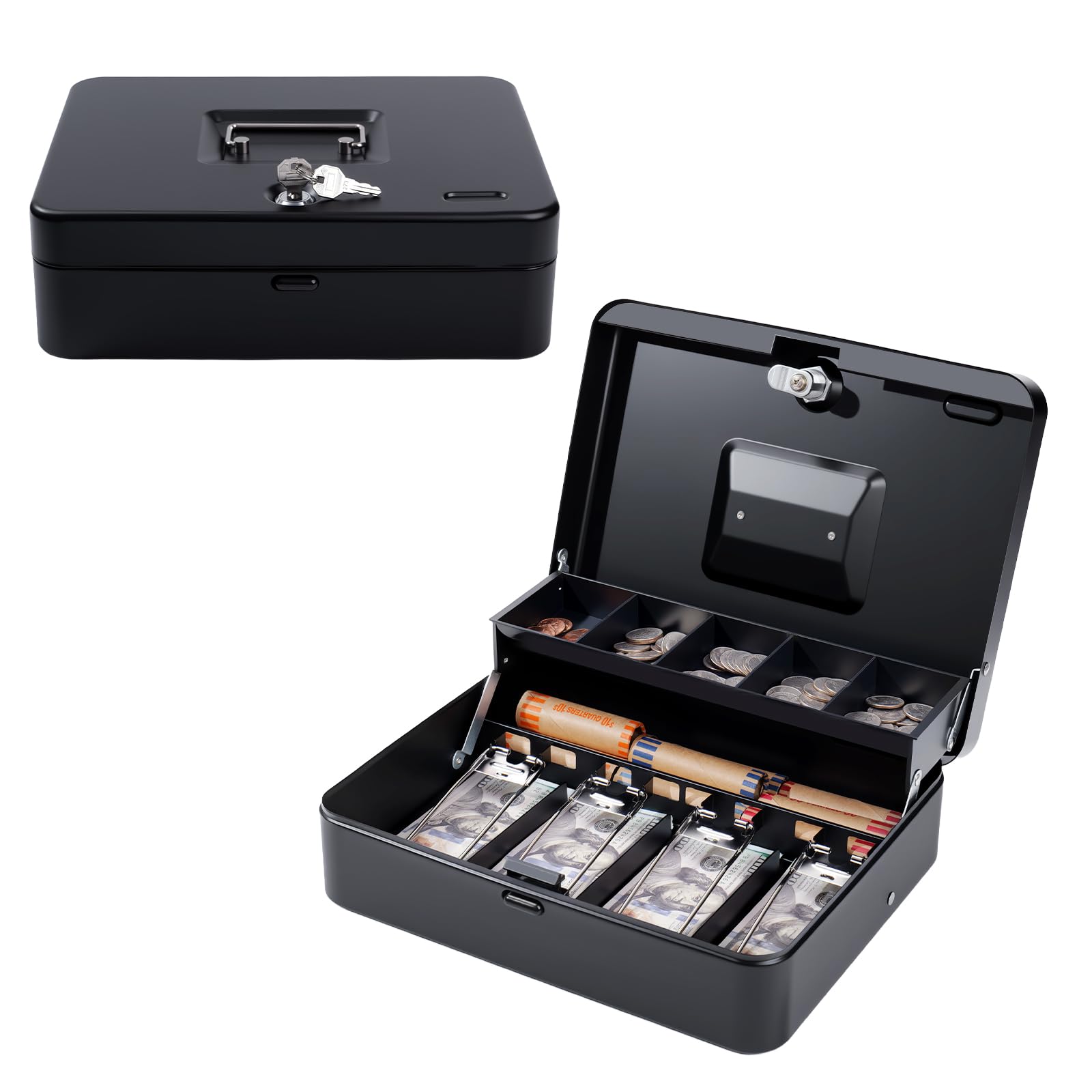 Cash Box with Money Tray and Key Lock, Saving Lock Box with Money Tray Storage for Cash Register 11.8"x9.45"x3.54" Black XL Large