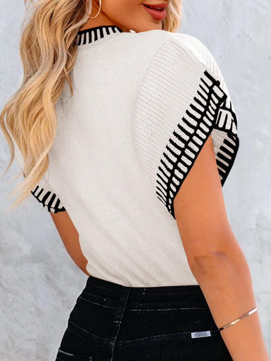 Saodimallsu Womens Short Sleeve Sweaters Tops Summer Ruffle Striped Loose Crew Neck Lightweight Soft Shirts Knit Sweater