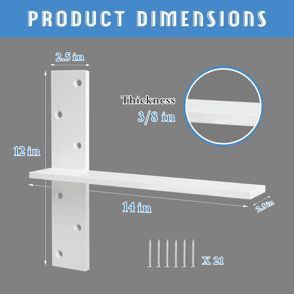 Floating Shelf Bracket 3/8" Thick Heavy Duty Shelf Brackets 2 Pack Free Hanging Countertop Support Bracket 8" Lx2.5 W Floating Wall Brackets for Cabinets, Granite, Dishwasher, Bench Seats Vanities