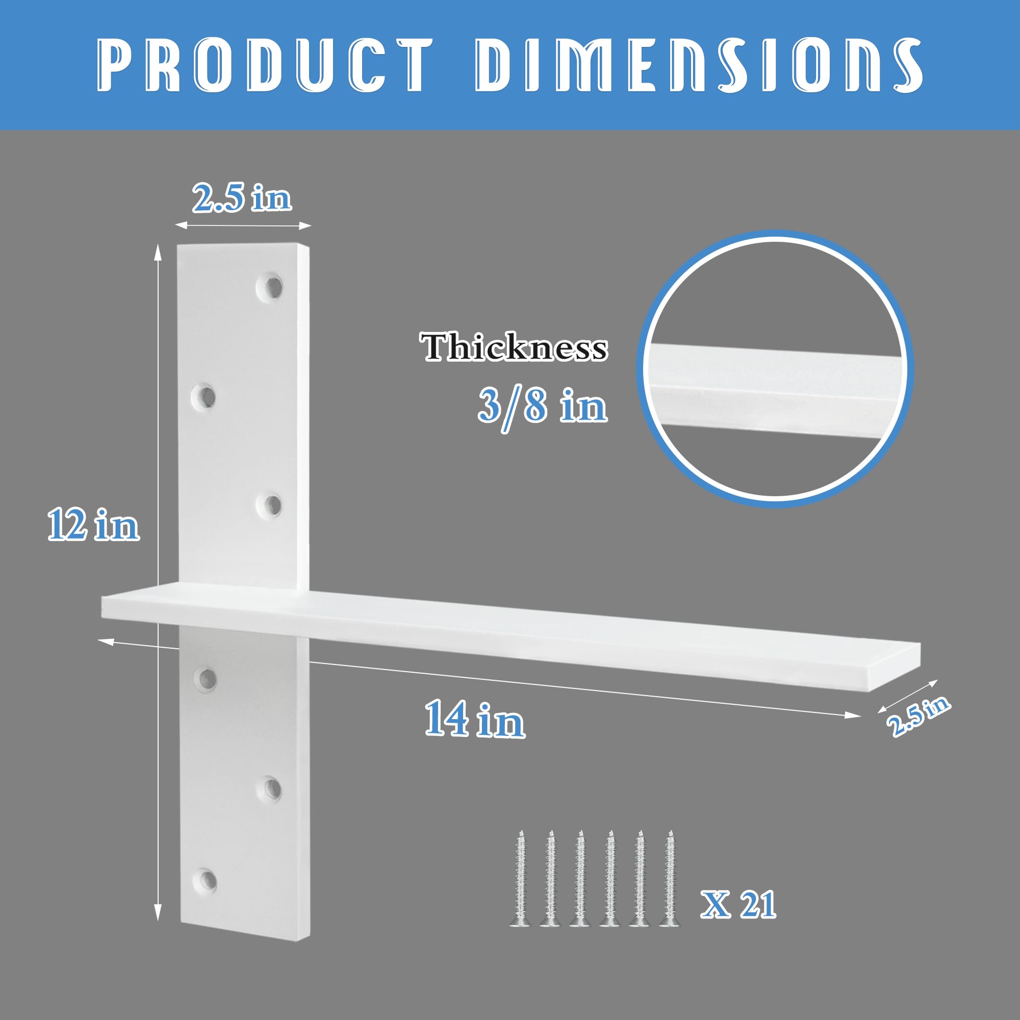 Floating Shelf Bracket 3/8" Thick Heavy Duty Shelf Brackets 2 Pack Free Hanging Countertop Support Bracket 8" Lx2.5 W Floating Wall Brackets for Cabinets, Granite, Dishwasher, Bench Seats Vanities