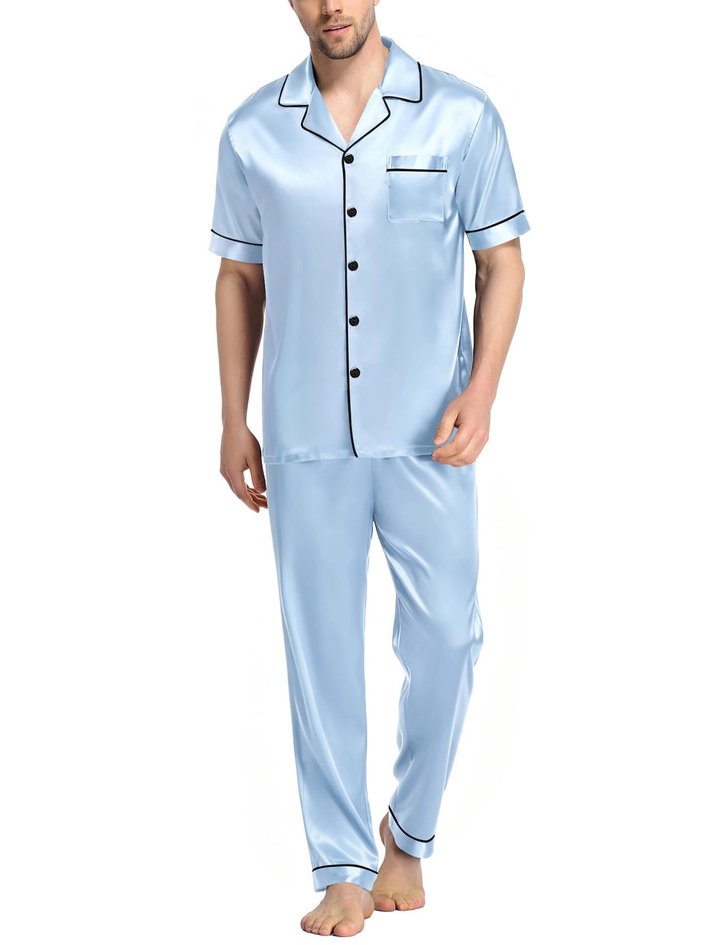 SWOMOG Mens Satin Pajama Set Short Sleeve Classic Sleepwear Button Down Silky Loungewear with Long Pants
