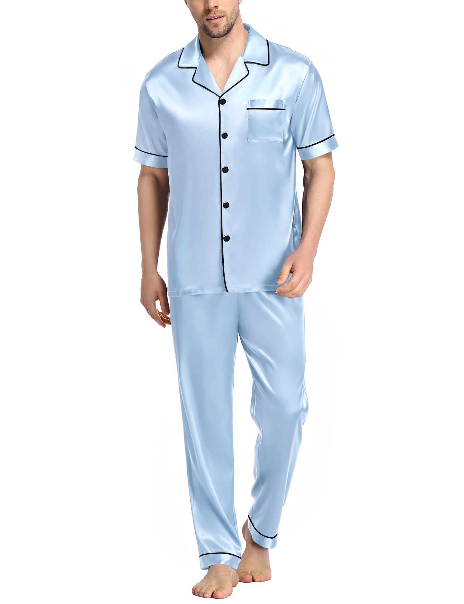 SWOMOG Mens Satin Pajama Set Short Sleeve Classic Sleepwear Button Down Silky Loungewear with Long Pants