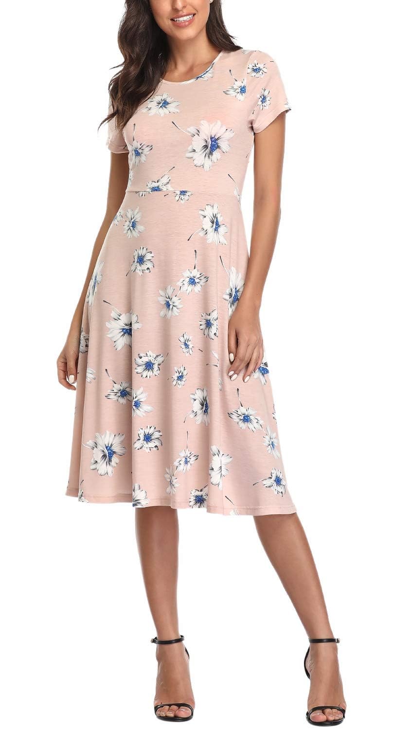 Urban CoCo Women's Vintage Short Sleeve High Waist Flared Midi Casual Summer Dress