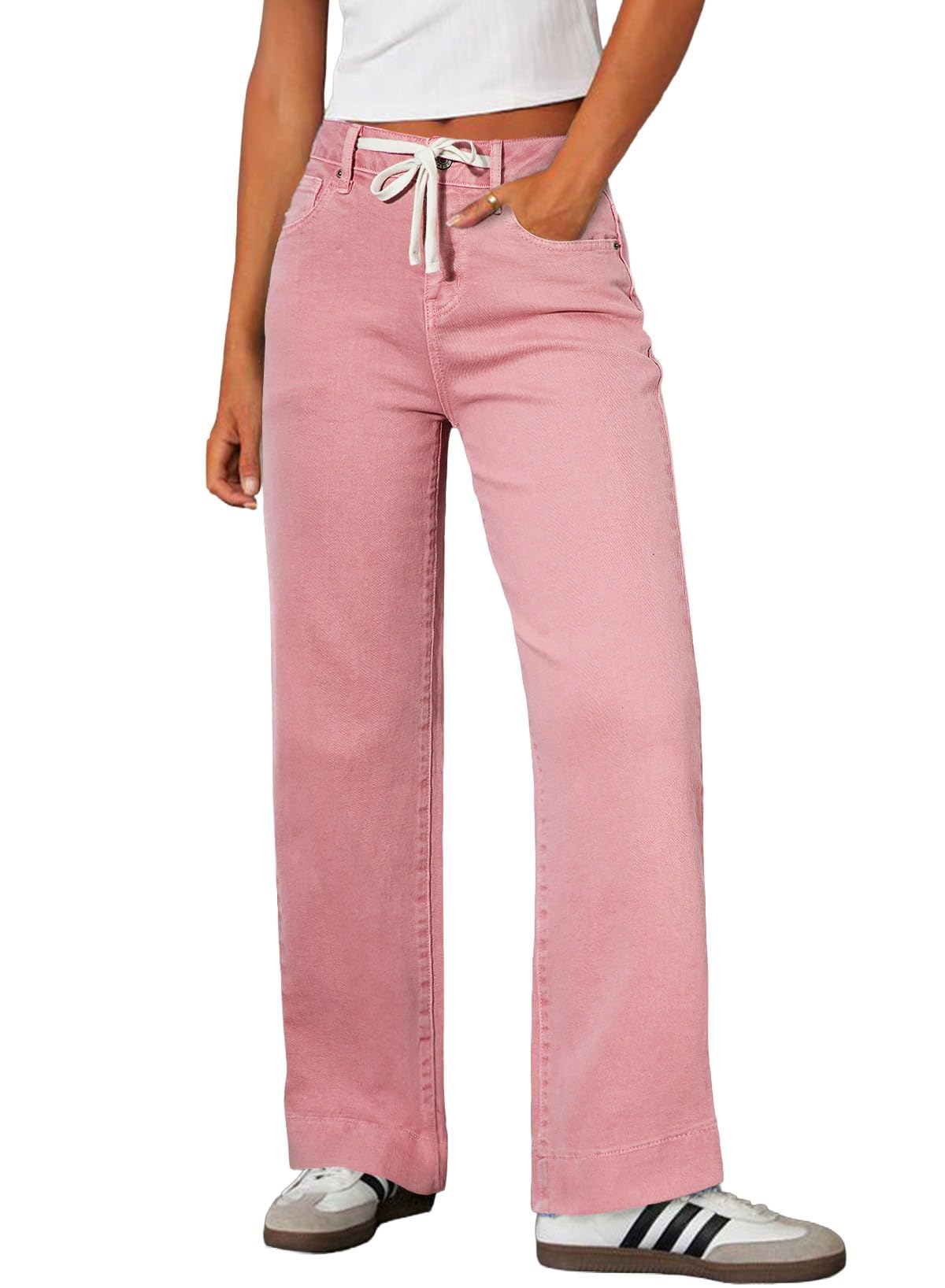 Sidefeel Women's Wide Leg Jeans High Waisted Stretchy Straight Leg Baggy Drawstring Zimbaplatinum Denim Pants
