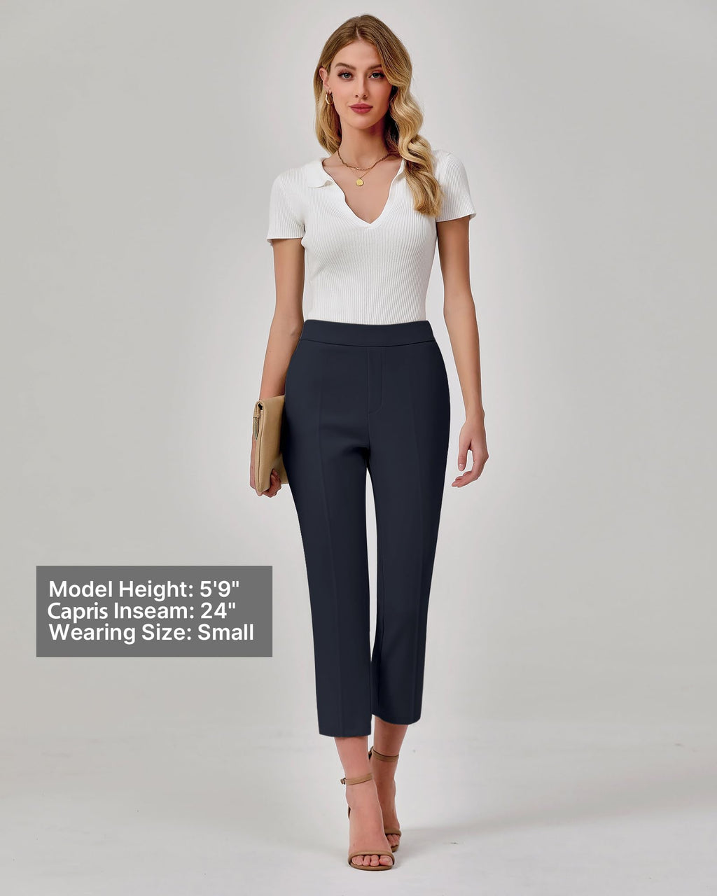 GRAPENT Capri Pants for Women High Waisted Pull On Dress Pants Slim Straight Leg Stretchy Waist Capris Trousers Pants