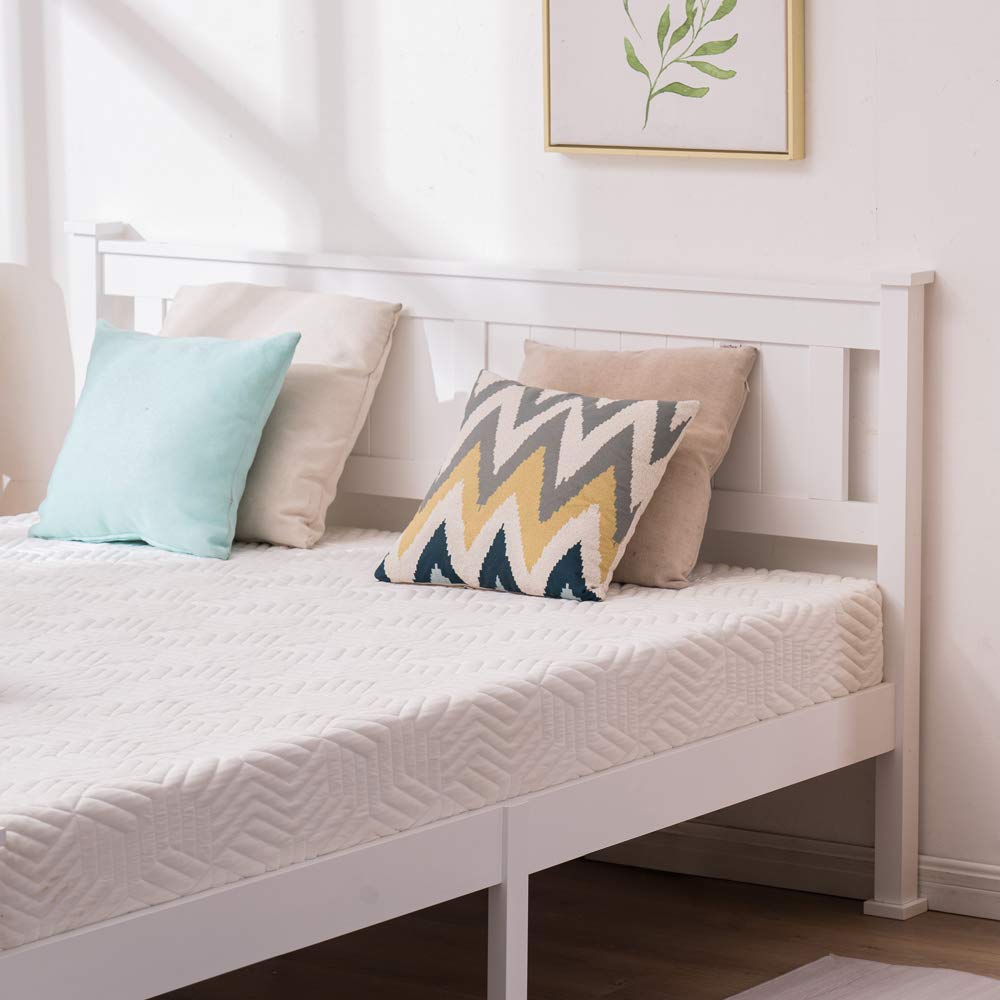 Bonnlo Twin Size Solid Wood Platform Bed Frame, Single Bed with Headboard, No Box Spring Needed Panel Bed, Wood Slat Support Mattress Foundation, White