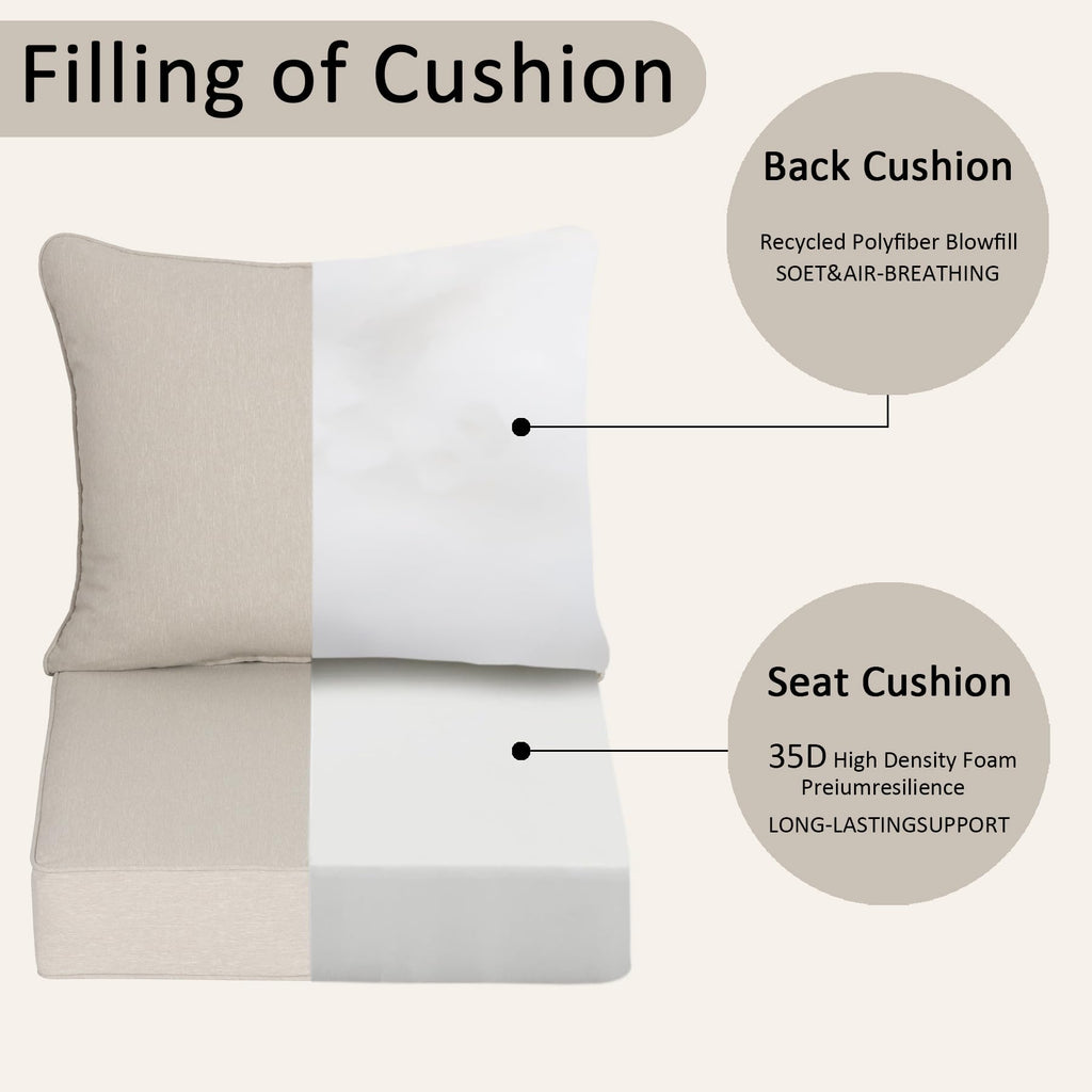 COZYVIDA 5.1" Thick Outdoor Patio Cushions Set of 2, 22"x24"x5.1" Seat, C0 Water-Resistant Breathable Fabric, UV-Resistant 1000+ Hrs, 35D Foam with Recycled Fiber Fill,Beige