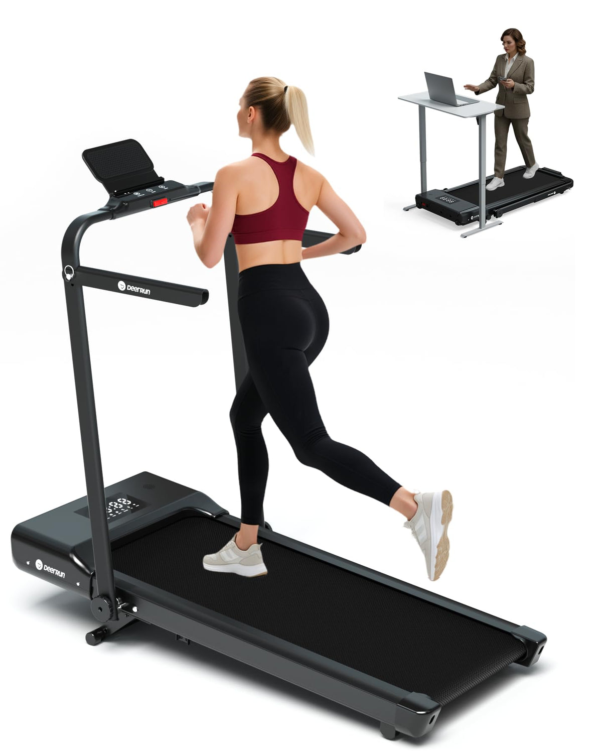 DeerRun Walking Pad Treadmill with Incline and Handle Bar, 4-in-1 Foldable Under Desk Treadmills for Home Small or Office, 300 lbs Capacity 3.0 HP Folding Portable Walking Pad with APP