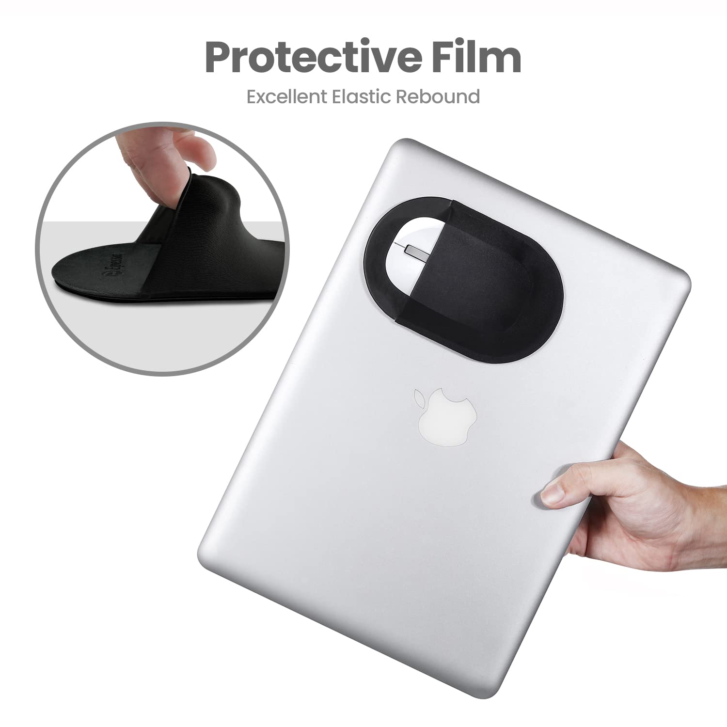 Epessa Universal Stick-On Mouse Pouch, Holder for Wireless Mouse, Sleeve for Laptop, Reusable Adhesive, No Glue Residue, Compatible with iPad or MacBook (Black)