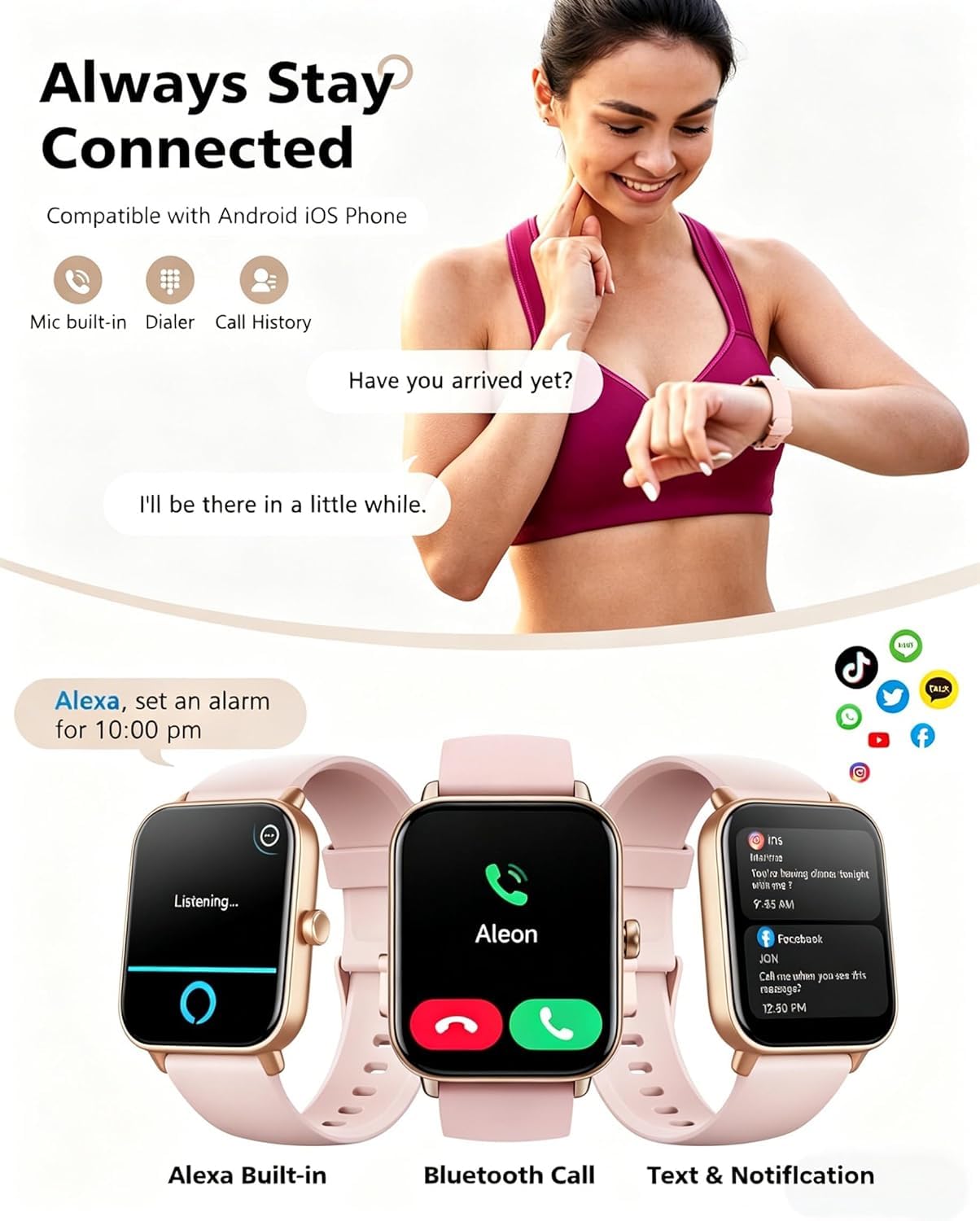 Quican Smart Watches for Women, Compatible for iPhone and Android Phones, Calling, Heart Rate/Sleep Monitor, Alexa, 1.8" Fitness Tracker Watch, Waterproof, Gifts for Women, Silicone Band, Baby Pink