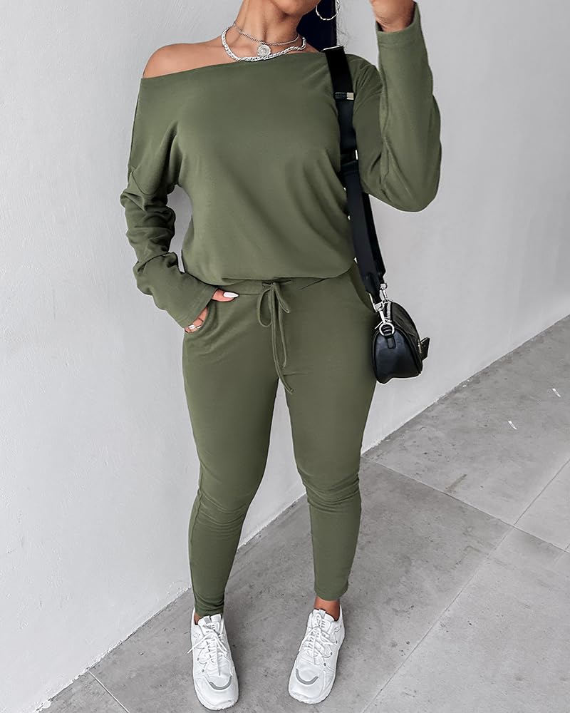 CHICME Women Tracksuit Fall 2 piece Outfits Off The Shoulder Long Sleeve Tops and Pants Set Travel Outfits