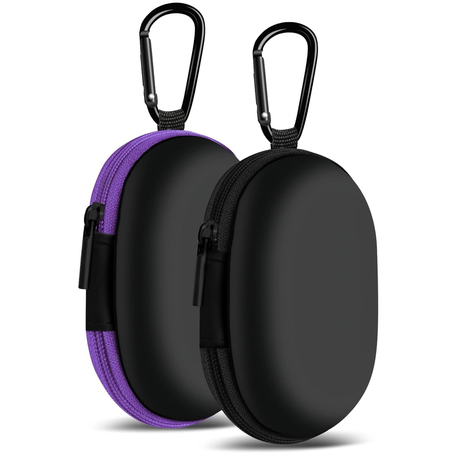 2Pack Oval Earbud Case Portable EVA Carrying Case Storage Bag Cell Phone Accessories Organizer with Carabiner for Earphone, Earbud, Earpieces, SD Memory Card, Camera Chips, Black/Purple