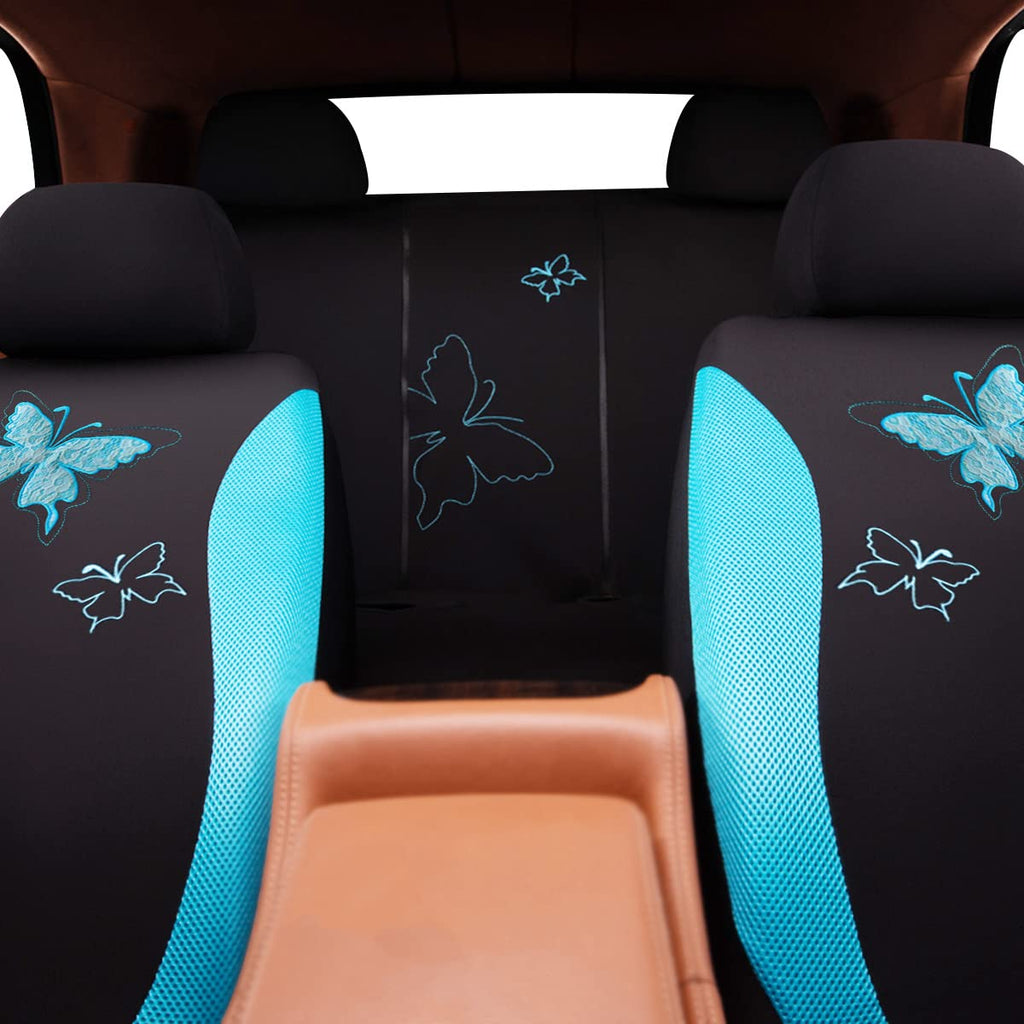 Flying Banner Butterfly car seat Covers ful Set Fashion Universal Lady Woman Female Rear Bench Split Colorized (2 Fronts, Mint Blue)
