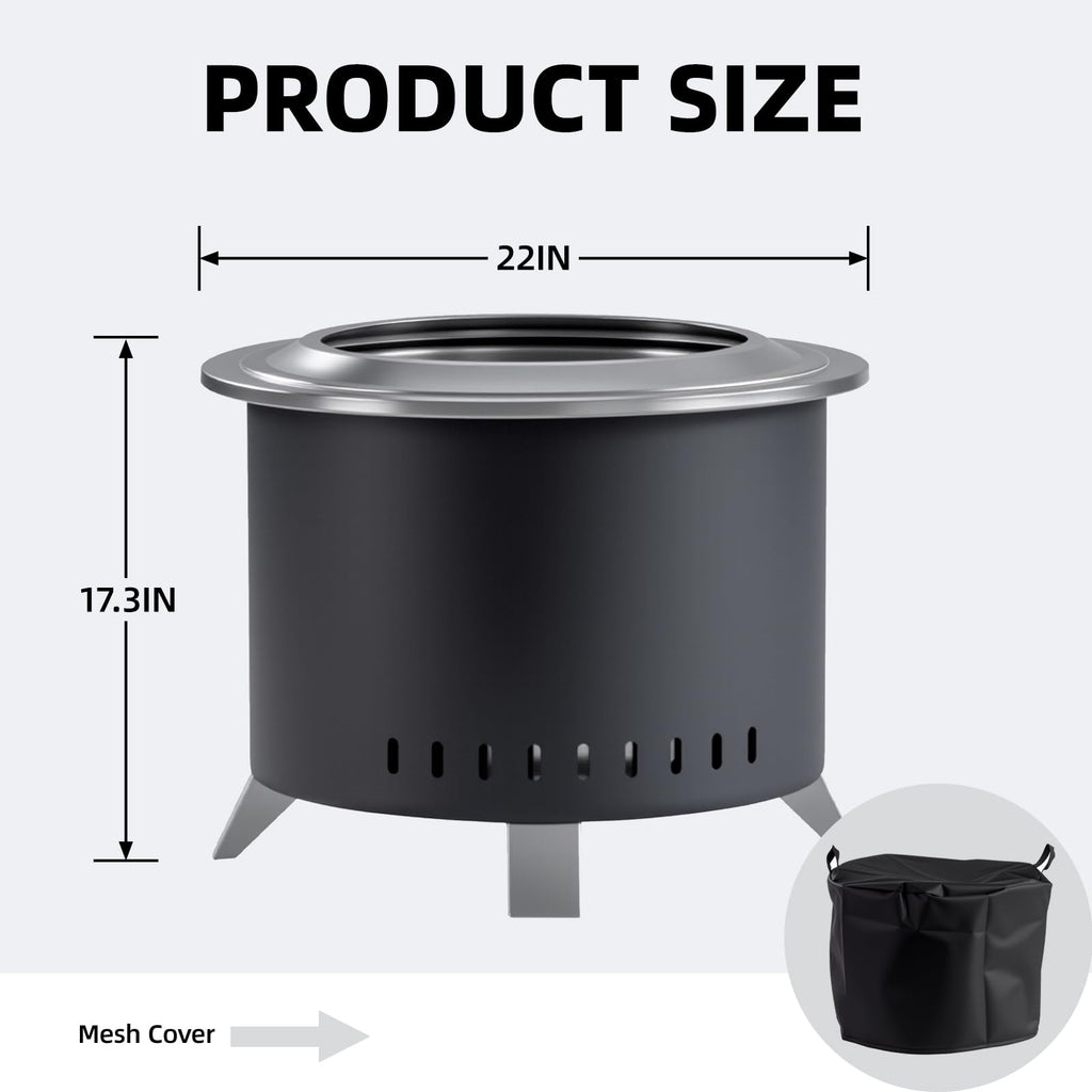 Verdeluxe Smokeless Fire Pit,22 Inch Stainless Steel Firepit, Outdoor Wood Burning Fire Pit with Cover,Smokeless Firepits for Outside Backyard Patio Garden Camping Bonfire