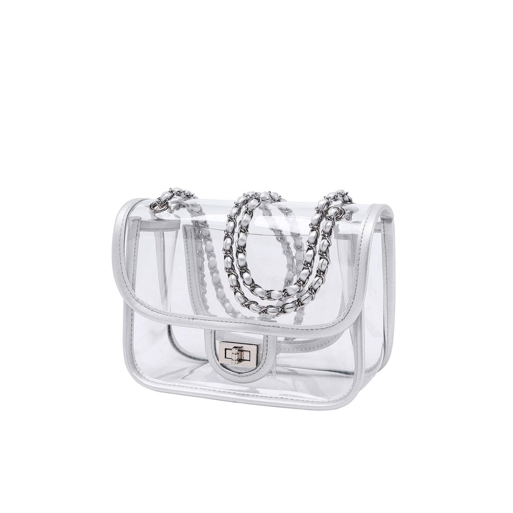 Womens PVC Clear Purse Handbag with Chain Stadium Approved Clear Bag See Through Bag for Working and Concert