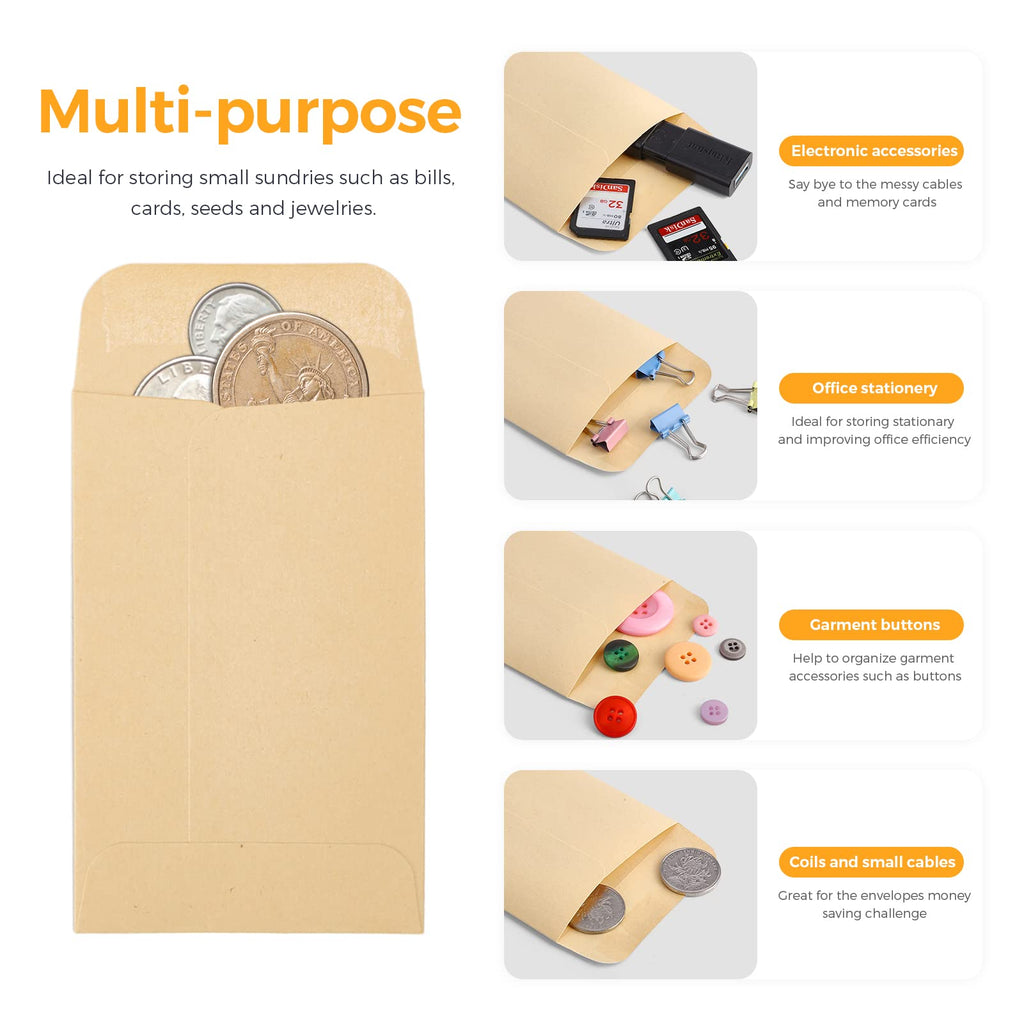 ACSTEP 500 Pack Coin and Small Parts Envelopes #1 Tip Envelope 2-1/4 X3-1/2 Mini Envelope with Gummed Flap for Home, Garden or Office Use(Black)
