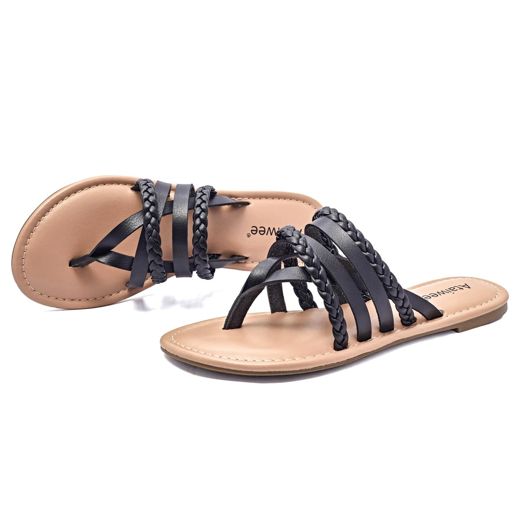 Ataiwee Women's Casual Flat Slide Sandals - Dressy Comfortable Criss Cross Strappy Summer Sandals,Open Toe Multi Strap Beach Flat Thong Sandals.