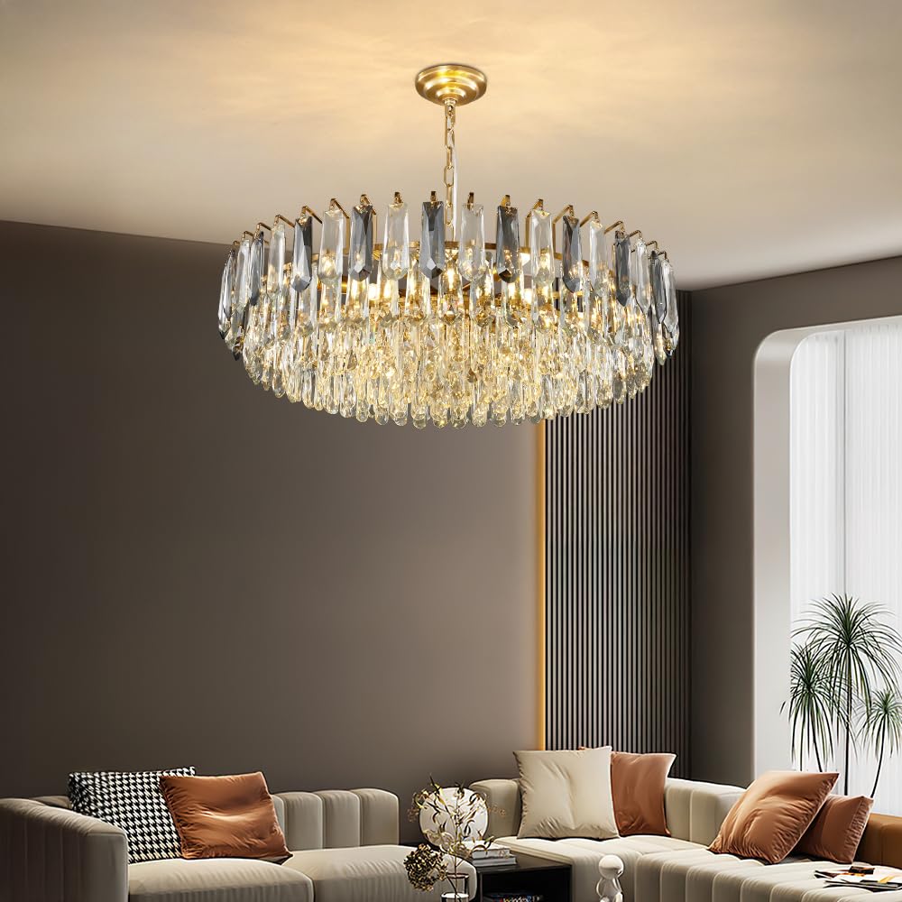 23.6" Modern Crystal Chandelier with Grey Crystal Gold 3-Tier Luxury Pendant Light 12-Light Ceiling Pendant Lighting for Dinning Room Living Room Foyer