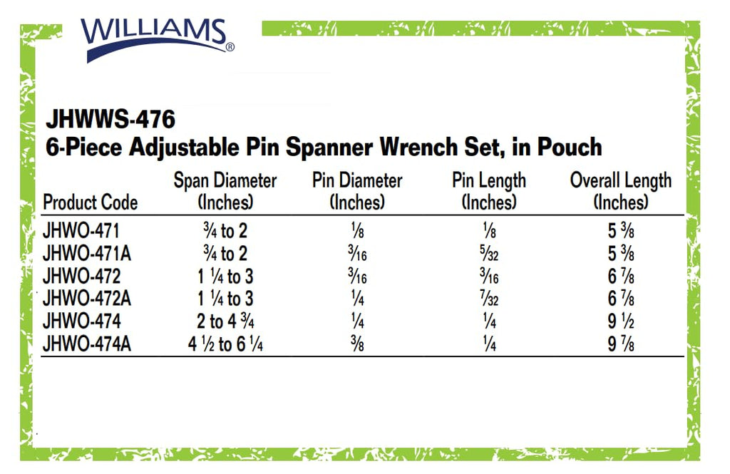 Williams JHW472 Adjustable Hook Spanner Wrench with Span Diameter of 1-1/4 to 3-Inch, Ideal for Adjusting Collars, Lock Nut Rings, and Bearings