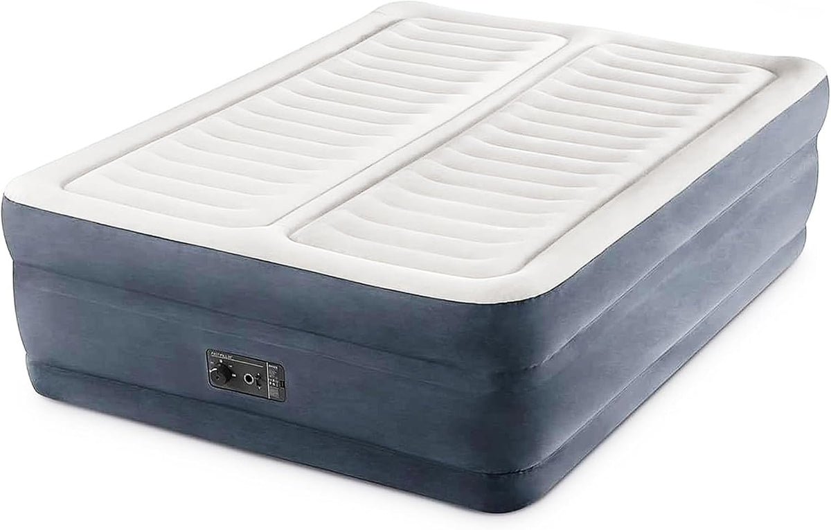Intex 64953E 22in King Dura-Beam Fiber-Tech Deluxe Dual Zone High-Rise Inflatable Air Mattress with Built in Pump for Travel and Camping
