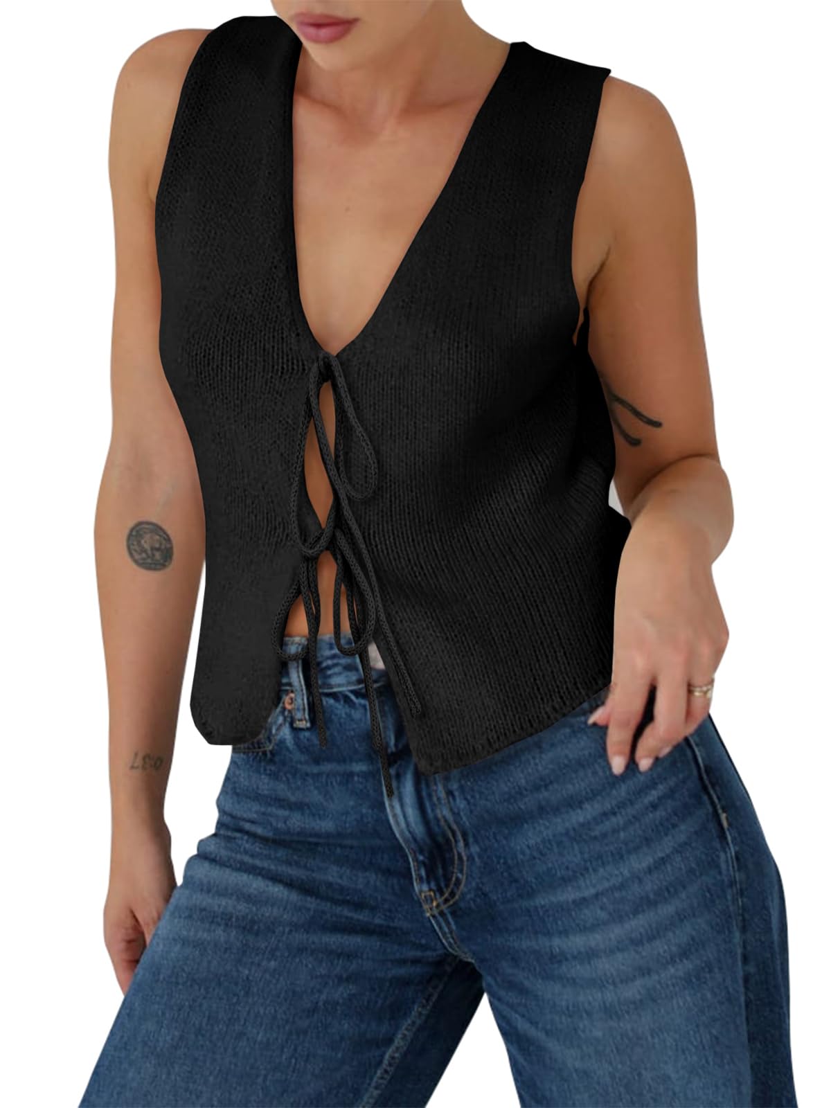 Yousify Womens Sweater Vests Tie Front Knit Vest Summer Ribbed Tank Tops Y2k Cute Vests Fashion Casual Sleeveless Tops