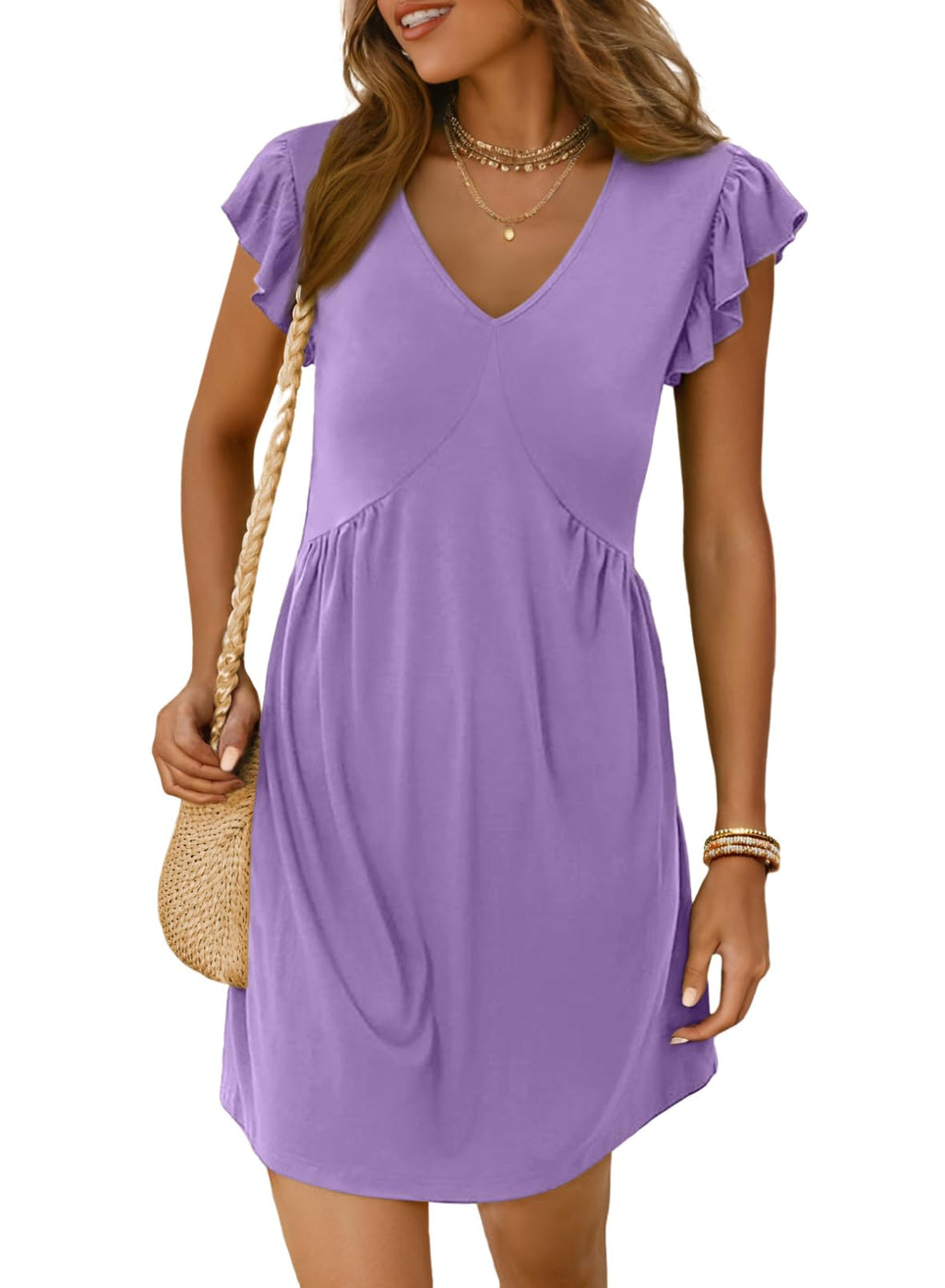 Dokotoo Women's Summer Dresses Beach 2026 Casual Deep V Neck Loose Sundress Ruffle Sleeve Mini Dress