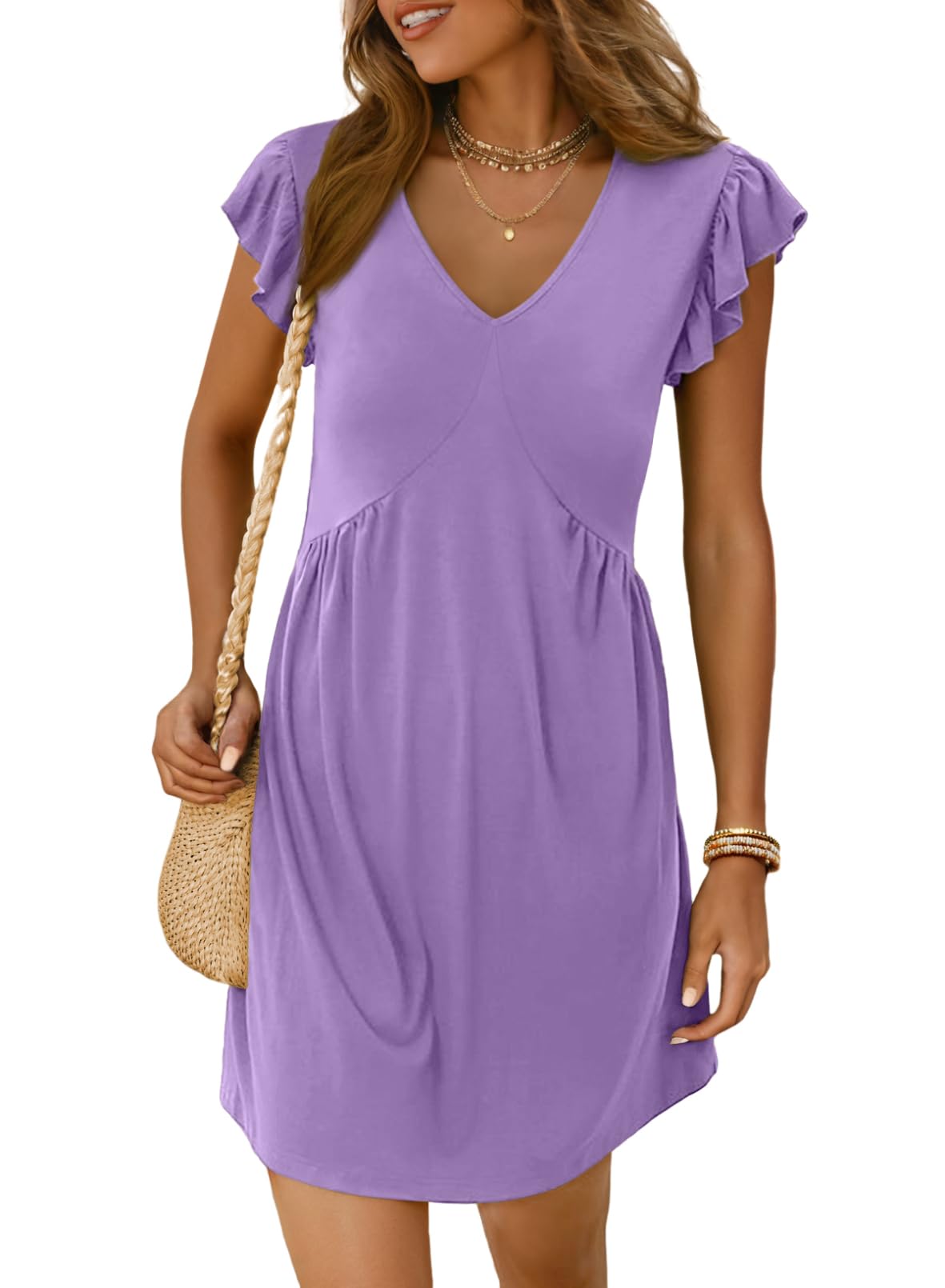 Dokotoo Women's Summer Dresses Beach 2026 Casual Deep V Neck Loose Sundress Ruffle Sleeve Mini Dress