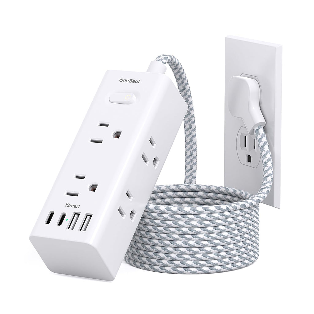 One Beat Short Extension Cord 1Ft, Flat Plug Power Strip Surge Protector - 6 Widely Outlets with 4 USB Ports (2 USB C), Wall Mount Small Power Strip for Travel, Home Office College Dorm Essentials
