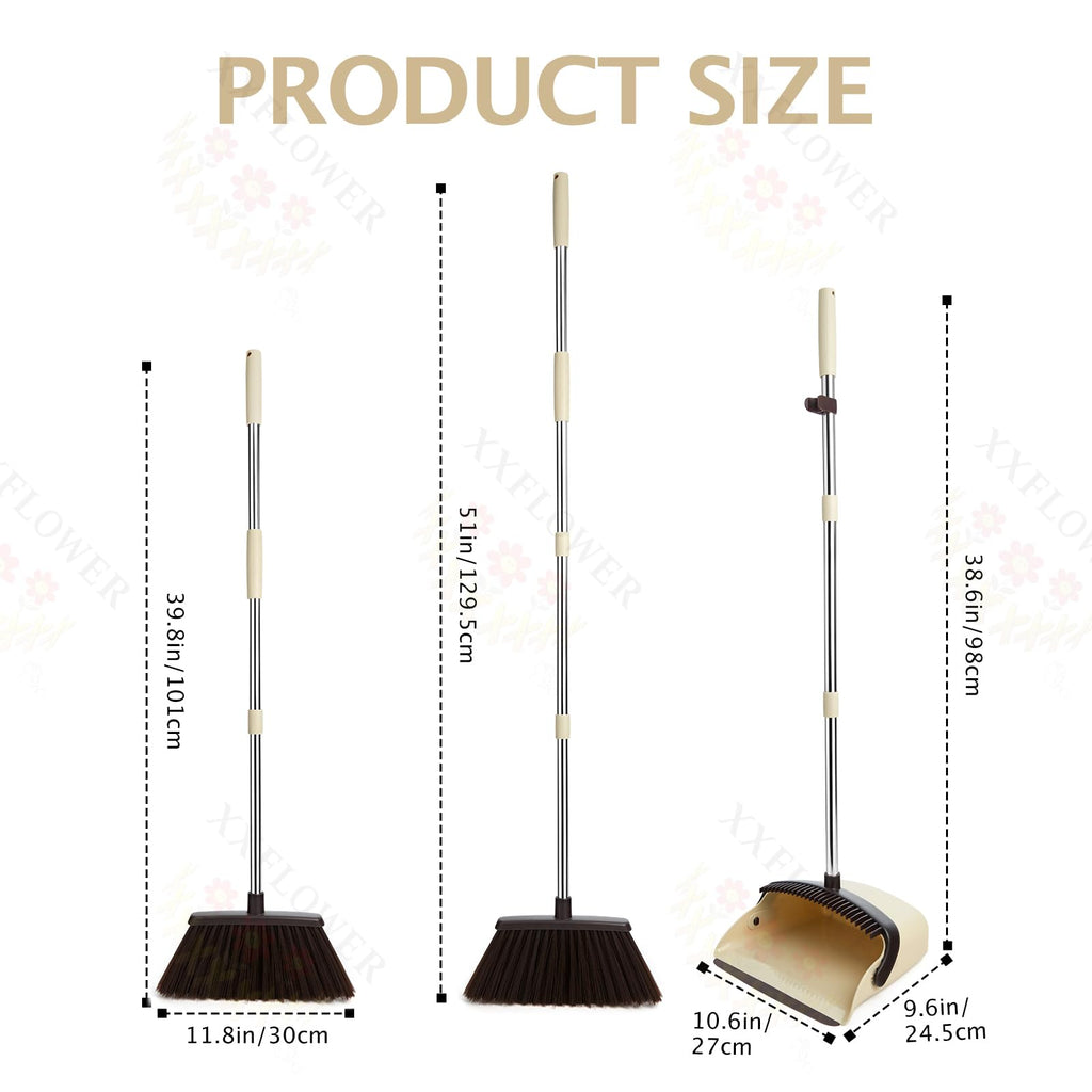 Broom and Dustpan Set with Long Handle, Heavy Dust Broom and Dustpan Combo for Home，Kitchen, Office, Pet Hair(Beige)