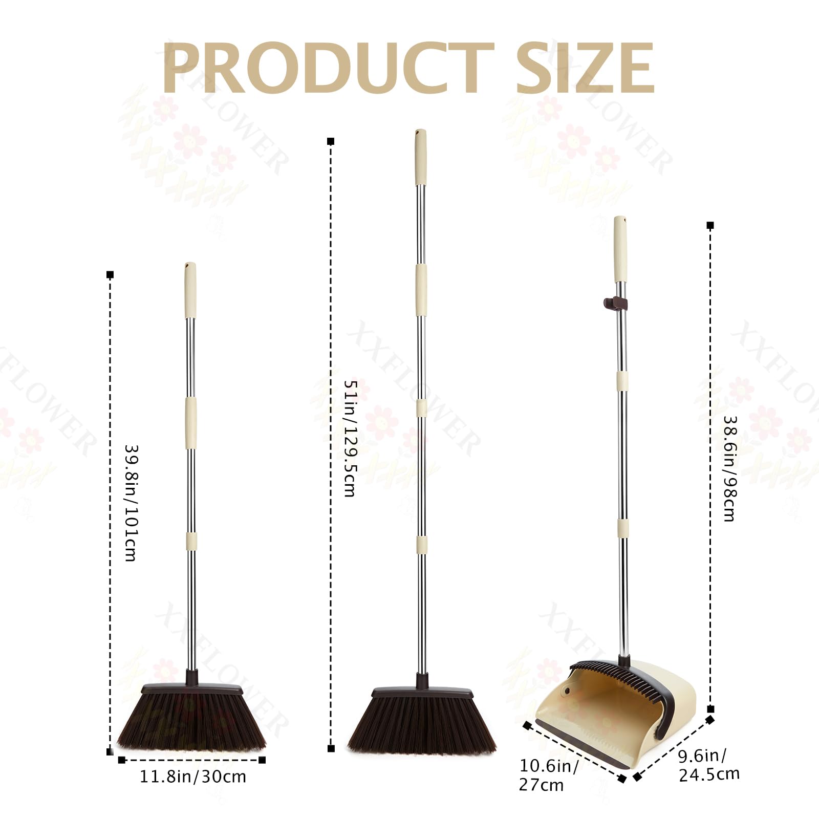 Broom and Dustpan Set with Long Handle, Heavy Dust Broom and Dustpan Combo for Home，Kitchen, Office, Pet Hair(Beige)