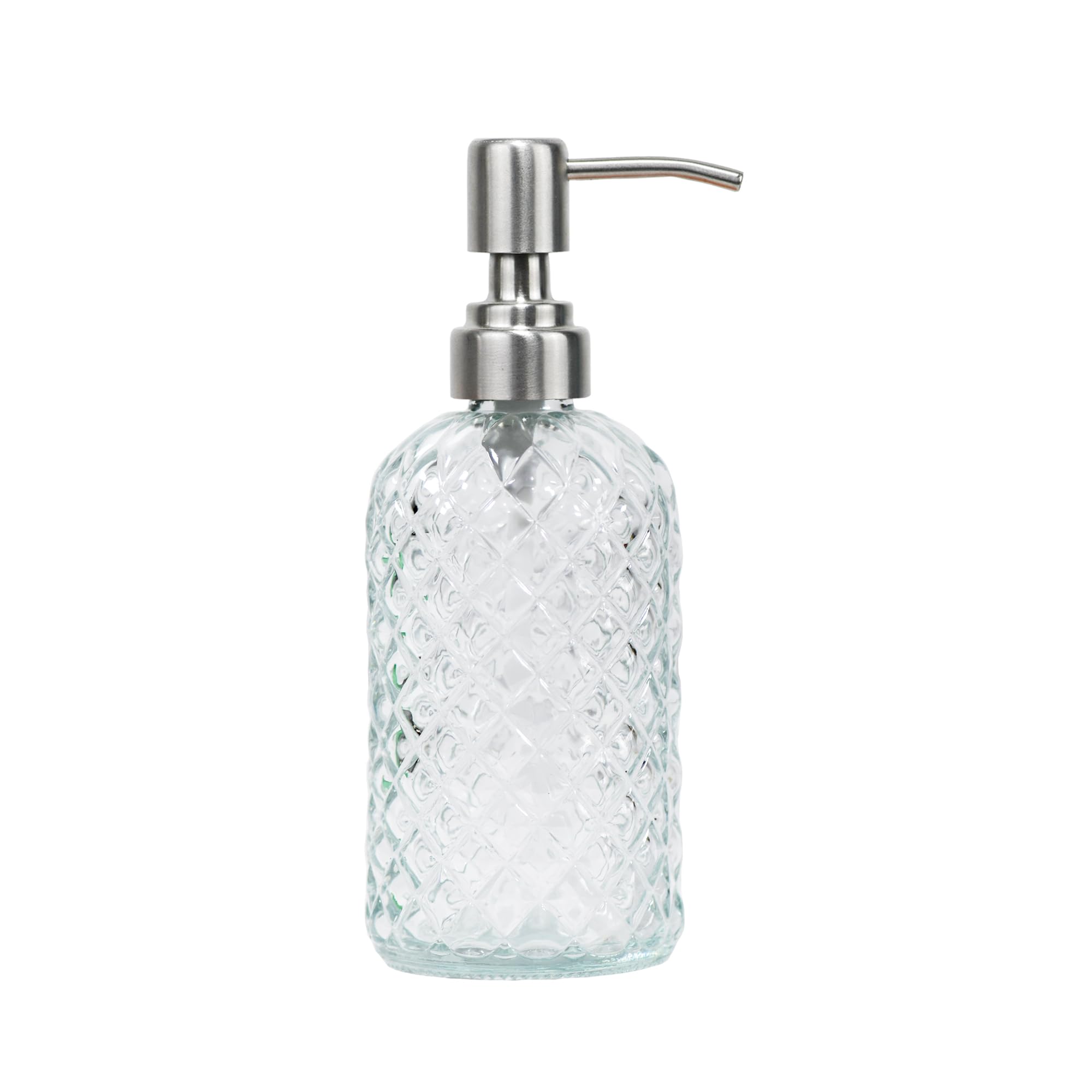 16 oz Diamond Pattern Glass Soap Dispenser, Kitchen and Bathroom Refillable Soap Dispenser with Rust Resistant Stainless Steel Pump for Hand Soap, Lotion Glass Liquid Dispenser(Amber)