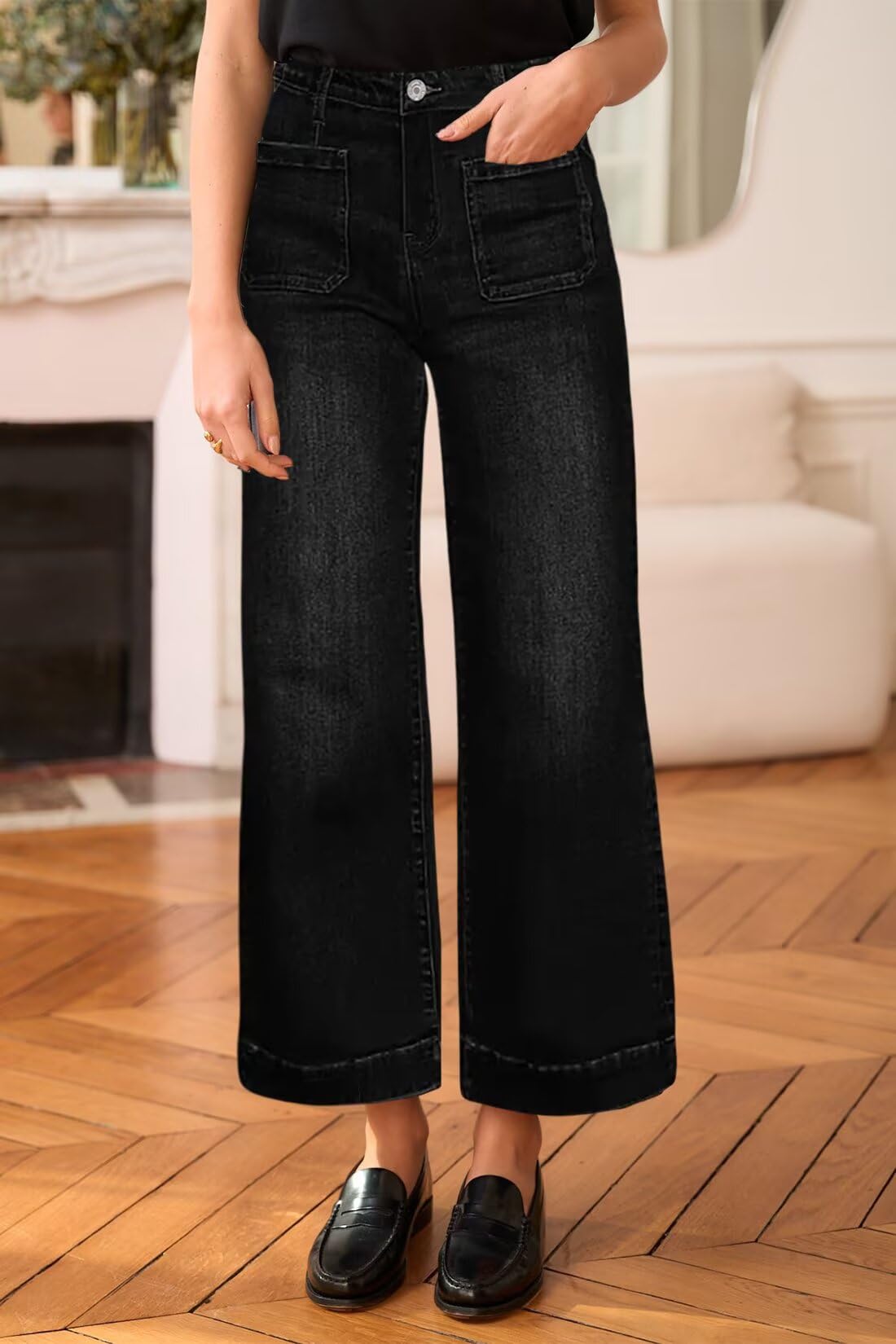 Allimy Women's High Waisted Cropped Wide Leg Jeans Stretchy Loose Denim Pants with Front Patch Pockets