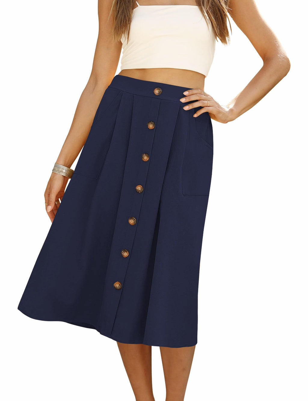 Naggoo Womens Summer Skirts Casual Front Button A-Line High Waisted Midi Skirt with Pockets