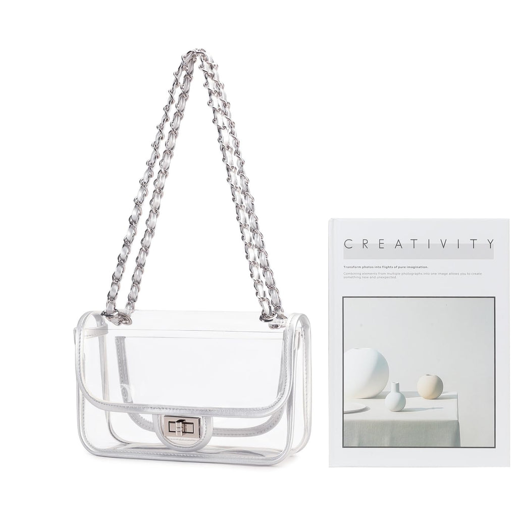 Womens PVC Clear Purse Handbag with Chain Stadium Approved Clear Bag See Through Bag for Working and Concert