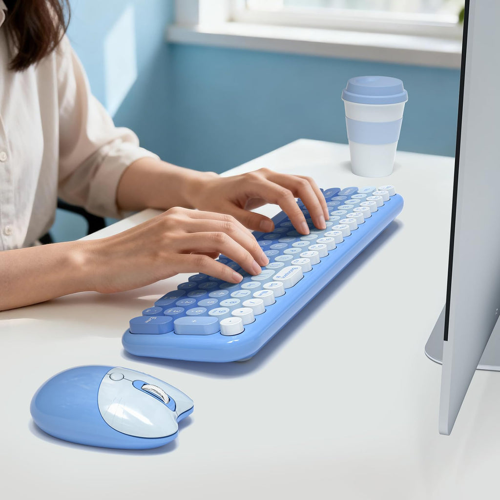 MOFII Wireless Keyboard and Mouse Combo, Compact Typewriter Retro Round Computer Keyboard and Mouse Set, Plug and Play, for Windows, Computer, Desktop, PC, Notebook - Black Green Gradient