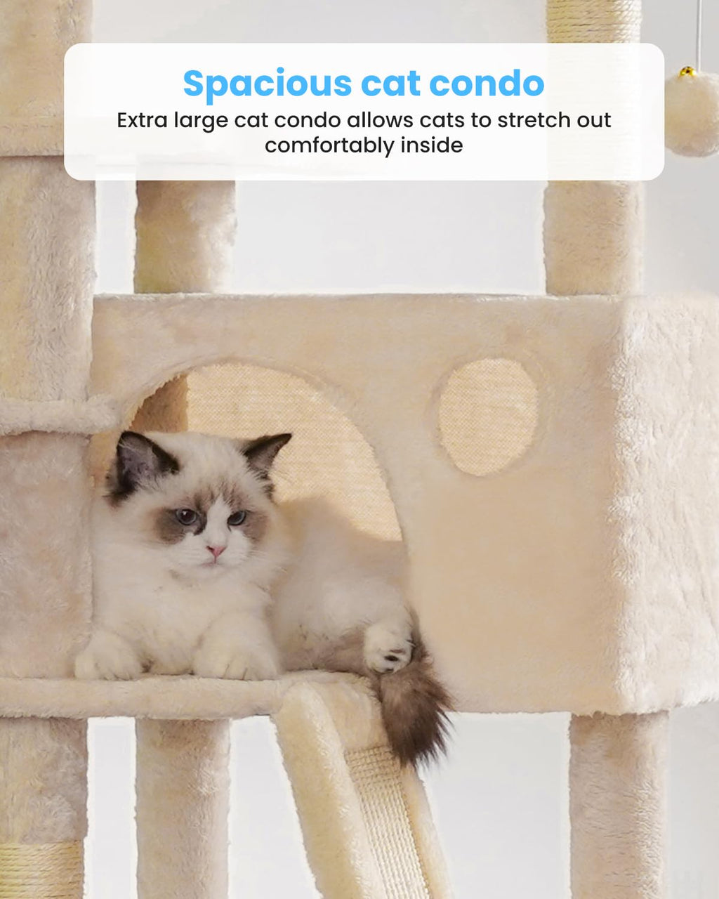 Hey-brother Cat Tree, 53 inch Cat Tower for Indoor Cats, Cat House with Padded Platform Bed, Toy Balls, Large Cozy Condo, Hammocks and Sisal Scratching Posts, Beige MPJ019-SM