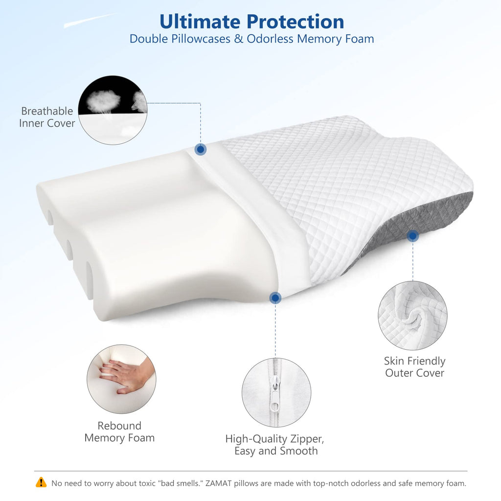 ZAMAT Memory Foam Pillow for Neck Pain Relief, Adjustable Ergonomic Cervical Pillow for Sleeping, Orthopedic Neck Pillow with Washable Cover, Bed Pillows for Side, Back, Stomach Sleepers