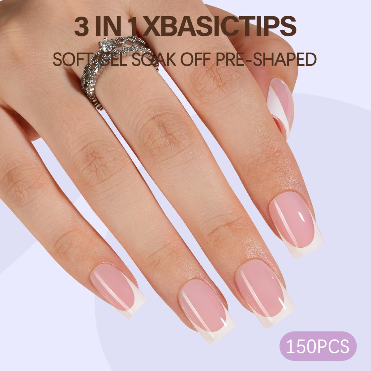 Misssix XBASICTIPS French Tip Press On Nails, 300Pcs French Gel Nail Tips Long Square, Soft Gel Pre-shaped No Need to File 3 in 1 Tips, Fake Nails for Nail Art DIY Extension Designs 15 Sizes