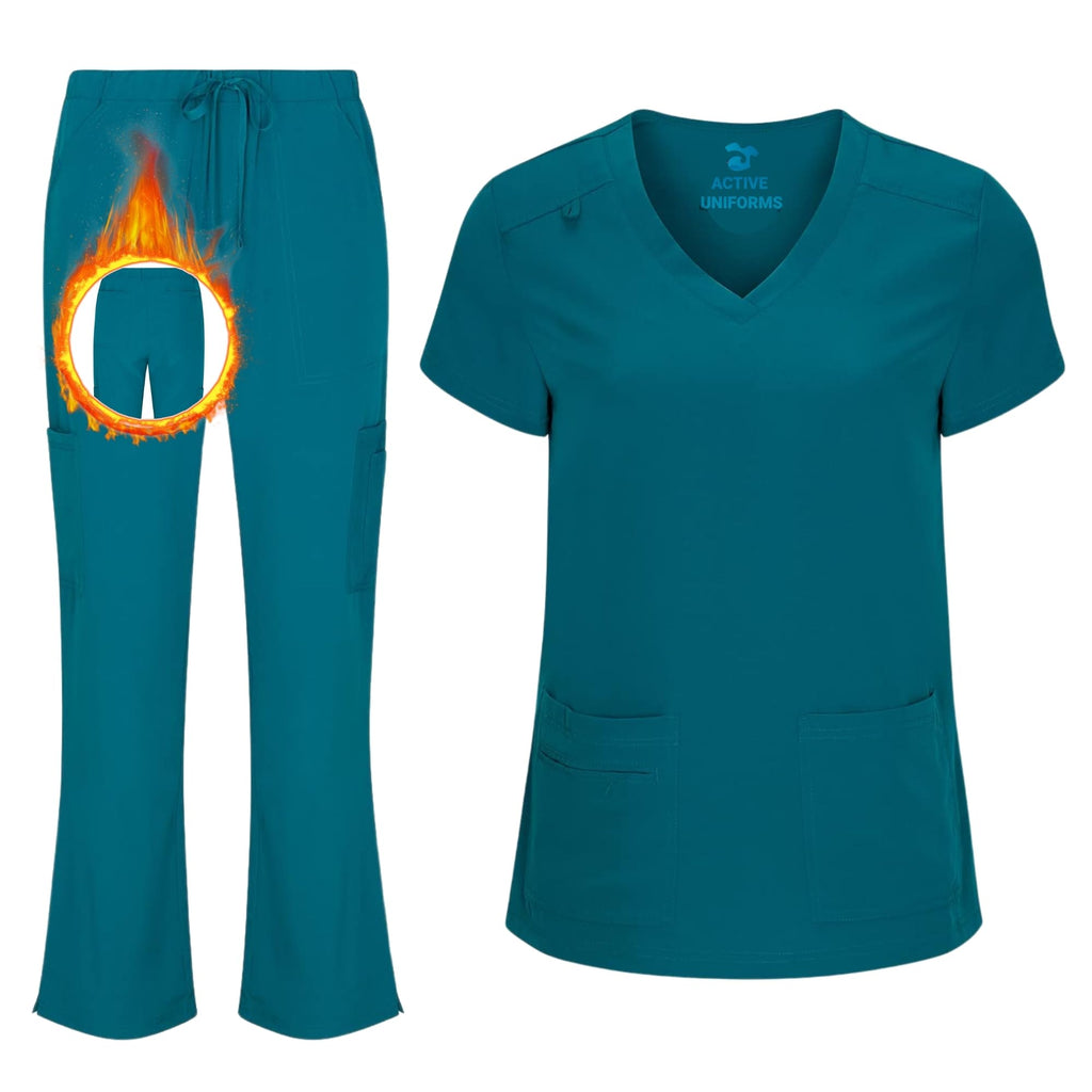 Women's Cool Stretch V-Neck Top and Cargo Pant Scrub Set with Regular and Petite Sizes