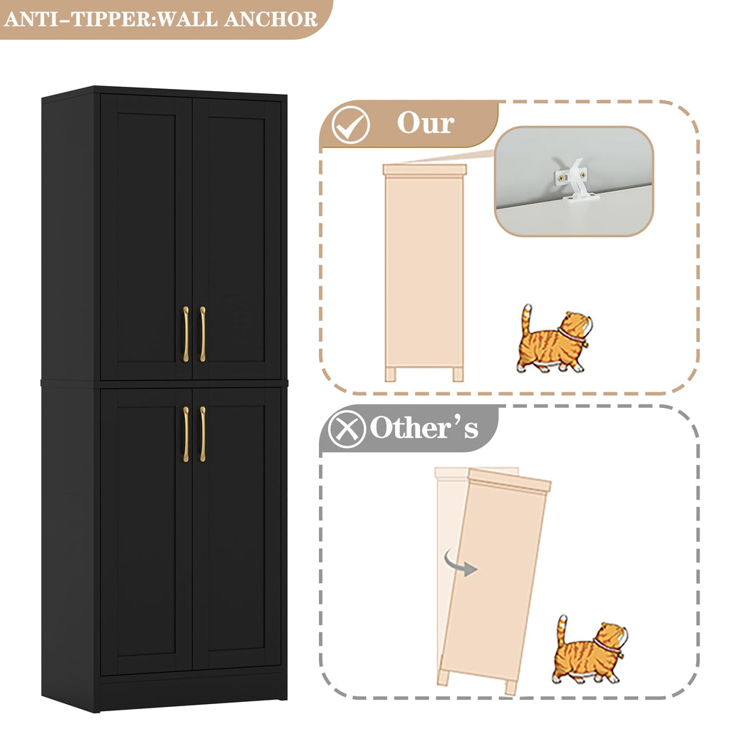 Pantry - Kitchen Pantry Cabinet with 4 Doors and Adjustable Shelves, Tall Black Cabinet Freestanding Storage Cupboard for Dining Room Living Room, Laundry, Bathroom (Black)