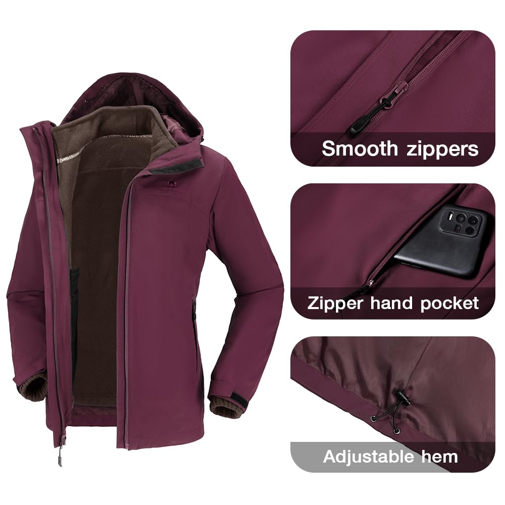 CAMEL CROWN Women's Ski Jacket Waterproof 3 in 1 Winter Coat with Fleece Inner Warm Windproof For Snow Outdoor Hiking