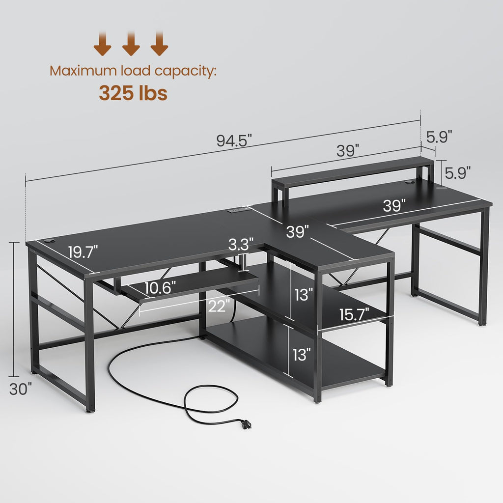 SEDETA 94.5" Office Computer Desk, 2 Person Gaming Desk with Storage, LED Lights, Keyboard Tray, Power Strip with USB & Monitor Stand, Long Two Person Desk for Home Office, Black