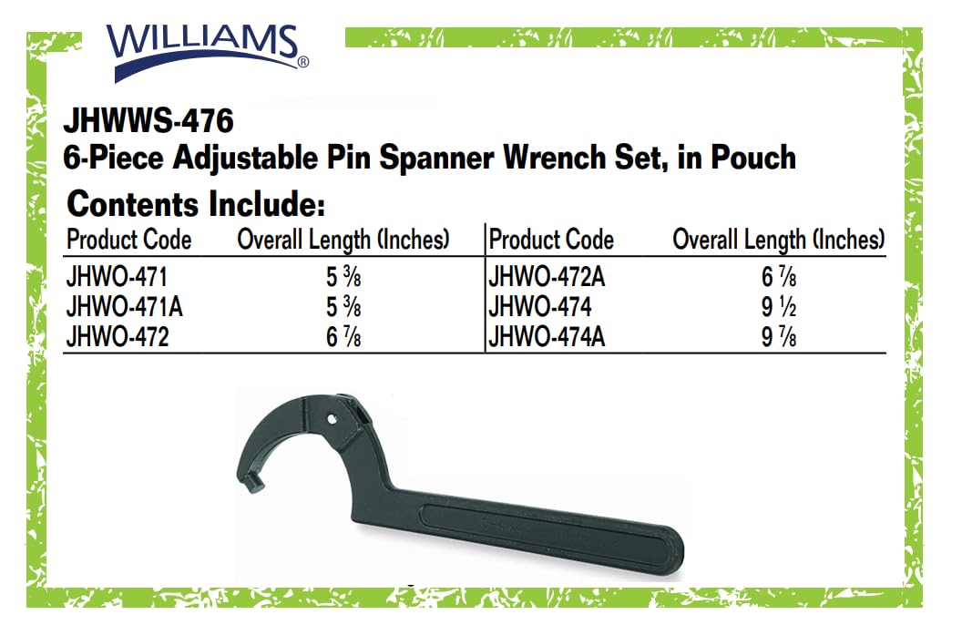 Williams JHW472 Adjustable Hook Spanner Wrench with Span Diameter of 1-1/4 to 3-Inch, Ideal for Adjusting Collars, Lock Nut Rings, and Bearings
